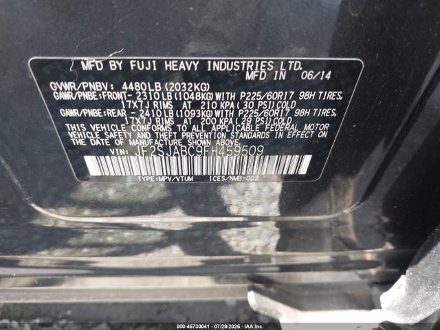 Продаж на аукціоні авто 2015 Subaru Forester 2.5i, vin: JF2SJABC9FH459509, номер лоту: 45730041