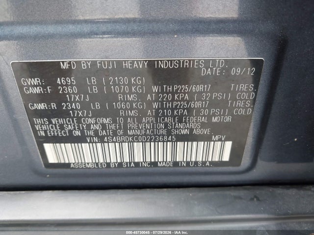 Продаж на аукціоні авто 2013 Subaru Outback 3.6r Limited, vin: 4S4BRDKC0D2236845, номер лоту: 45730045