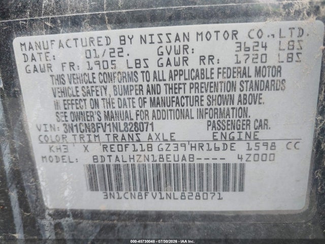 2022 Nissan Versa 1.6 Sr Xtronic Cvt მანქანა იყიდება აუქციონზე, vin: 3N1CN8FV1NL828071, აუქციონის ნომერი: 45730048