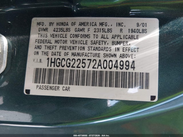 Продаж на аукціоні авто 2002 Honda Accord 3.0 Ex, vin: 1HGCG22572A004994, номер лоту: 45730050