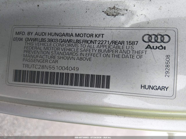 Продажа на аукционе авто 2005 Audi Tt 1.8l, vin: TRUTC28N551004049, номер лота: 45730083