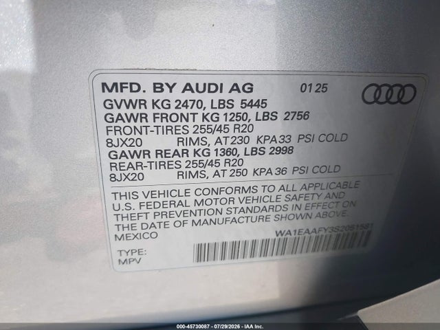 45730087 :رقم المزاد ، WA1EAAFY3S2051581 vin ، 2025 Audi Q5 Premium Plus 45 Tfsi S Line Quattro S Tronic مزاد بيع