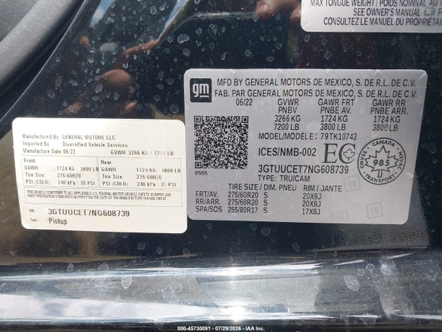 Продаж на аукціоні авто 2022 Gmc Sierra 1500 Elevation, vin: 3GTUUCET7NG608739, номер лоту: 45730091