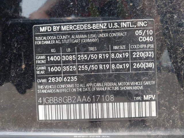 Aukcja sprzedaży 2010 Mercedes-benz Ml 350 4matic, vin: 4JGBB8GB2AA617108, numer aukcji: 45730111
