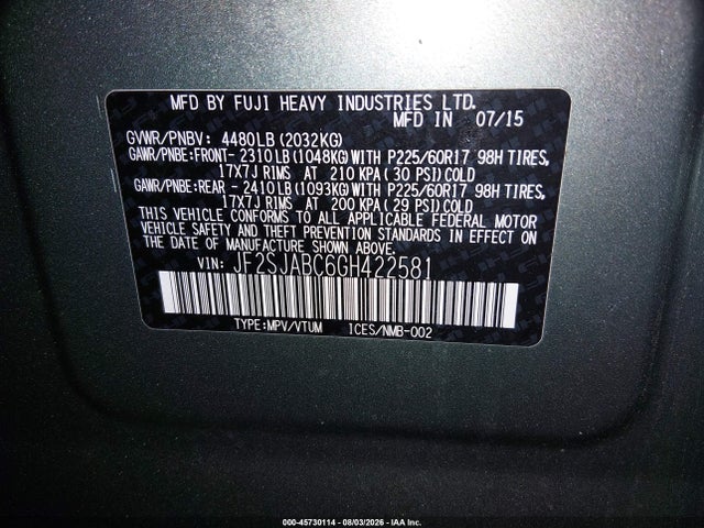 2016 Subaru Forester 2.5i მანქანა იყიდება აუქციონზე, vin: JF2SJABC6GH422581, აუქციონის ნომერი: 45730114