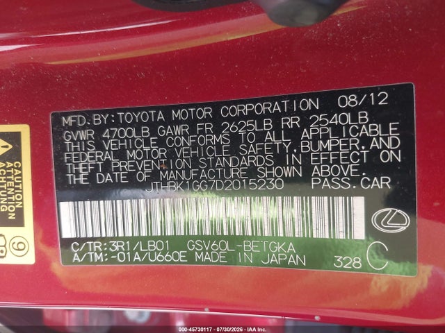 Aukcja sprzedaży 2013 Lexus Es 350, vin: JTHBK1GG7D2015230, numer aukcji: 45730117