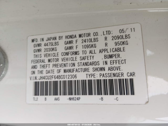 45730132 :رقم المزاد ، JH4CU2F64BC012306 vin ، 2011 Acura Tsx 2.4 مزاد بيع