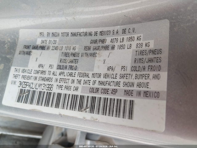Aukcja sprzedaży 2020 Mazda Mazda3 Select Package, vin: 3MZBPACLXLM131998, numer aukcji: 45730135