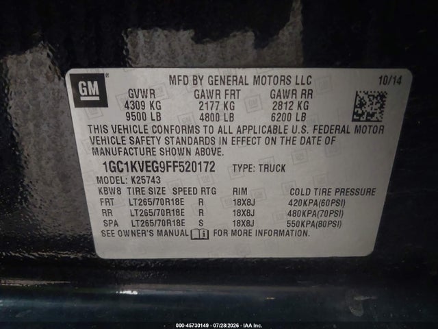 45730149 :رقم المزاد ، 1GC1KVEG9FF520172 vin ، 2015 Chevrolet Silverado 2500hd Built After Aug 14 Lt مزاد بيع