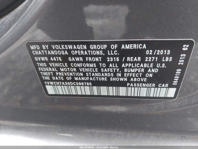 Продаж на аукціоні авто 2013 Volkswagen Passat 2.5l Sel, vin: 1VWCH7A30DC096785, номер лоту: 45730151
