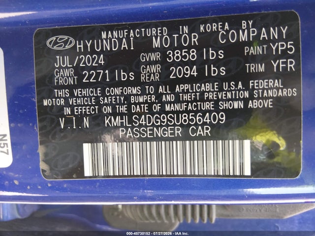 45730152 :رقم المزاد ، KMHLS4DG9SU856409 vin ، 2025 Hyundai Elantra Sel Convenience مزاد بيع