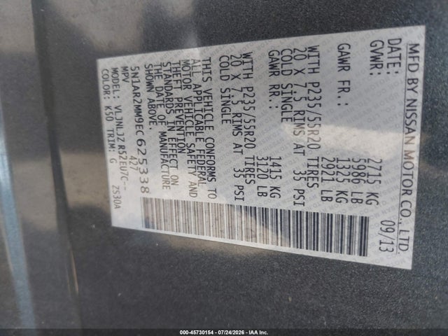2014 Nissan Pathfinder Platinum მანქანა იყიდება აუქციონზე, vin: 5N1AR2MM9EC625338, აუქციონის ნომერი: 45730154
