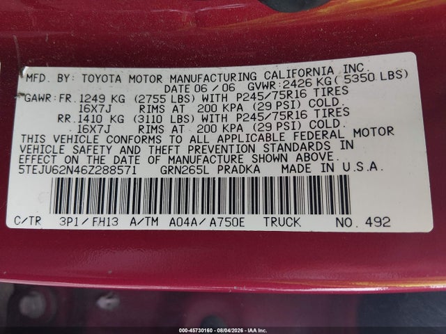 2006 Toyota Tacoma Prerunner V6 მანქანა იყიდება აუქციონზე, vin: 5TEJU62N46Z288571, აუქციონის ნომერი: 45730160