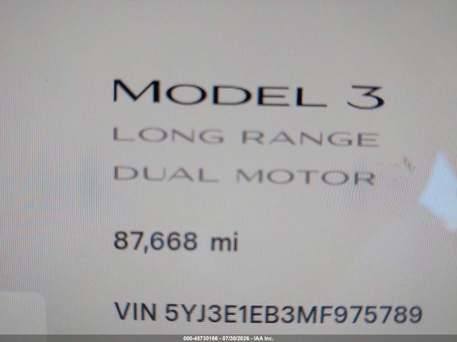 5YJ3E1EB3MF975789 Tesla Model 3 Long Range Dual Motor All-wheel Drive