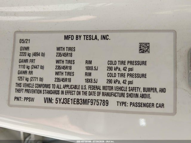 5YJ3E1EB3MF975789 Tesla Model 3 Long Range Dual Motor All-wheel Drive