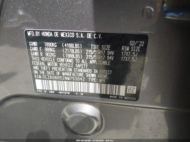3CZRU6H52NM753042 Honda Hr-v Awd Ex