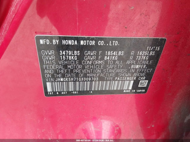 Продаж на аукціоні авто 2016 Honda Fit Ex, vin: JHMGK5H71GX009703, номер лоту: 45730195