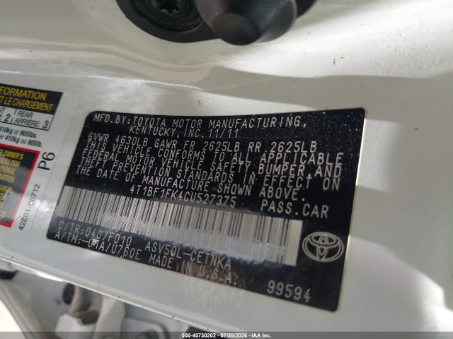 Продаж на аукціоні авто 2012 Toyota Camry Le, vin: 4T1BF1FK4CU527375, номер лоту: 45730202