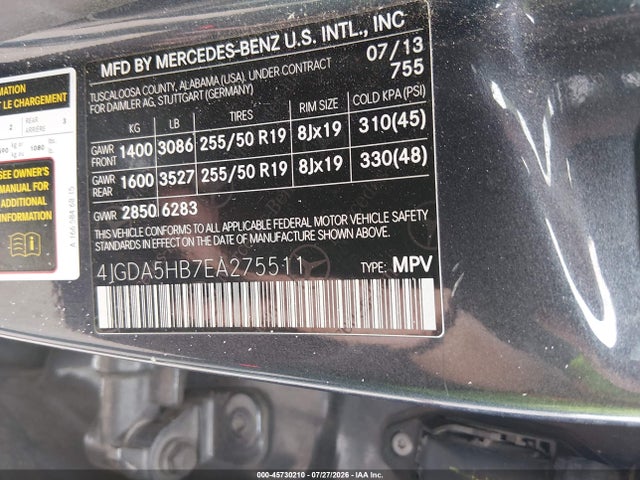Aukcja sprzedaży 2014 Mercedes-benz Ml 350 4matic, vin: 4JGDA5HB7EA275511, numer aukcji: 45730210