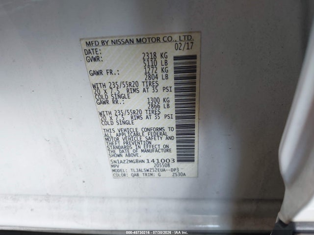 5N1AZ2MG8HN141003 Nissan Murano Platinum