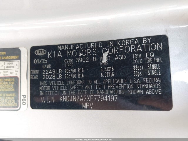 45730226 :رقم المزاد ، KNDJN2A2XF7794197 vin ، 2015 Kia Soul مزاد بيع