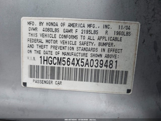 2005 Honda Accord 2.4 Lx მანქანა იყიდება აუქციონზე, vin: 1HGCM564X5A039481, აუქციონის ნომერი: 45730243
