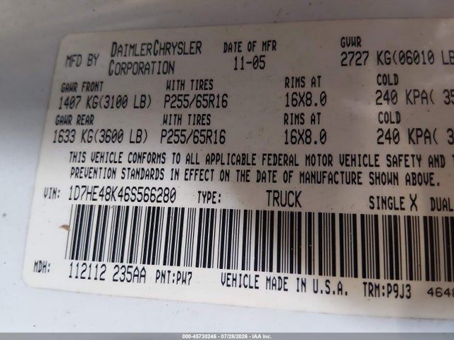 2006 Dodge Dakota Slt მანქანა იყიდება აუქციონზე, vin: 1D7HE48K46S566280, აუქციონის ნომერი: 45730246
