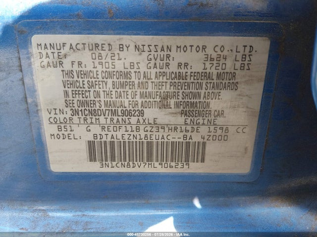 2021 Nissan Versa S Xtronic Cvt მანქანა იყიდება აუქციონზე, vin: 3N1CN8DV7ML906239, აუქციონის ნომერი: 45730256
