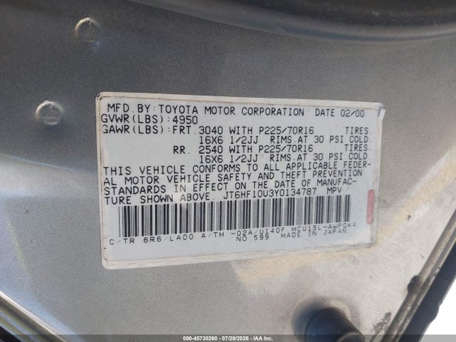 Aukcja sprzedaży 2000 Lexus Rx 300, vin: JT6HF10U3Y0134787, numer aukcji: 45730260