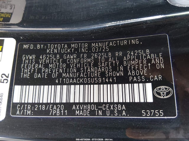Продажа на аукционе авто 2025 Toyota Camry Se, vin: 4T1DAACK0SU591441, номер лота: 45730264