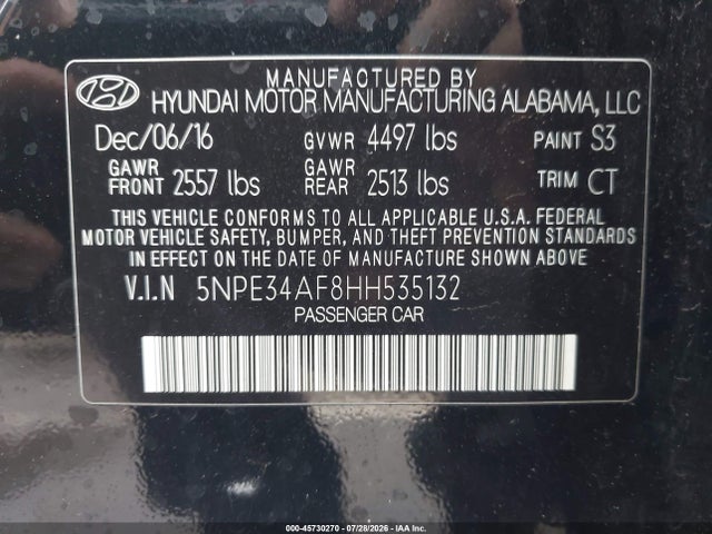 Aukcja sprzedaży 2017 Hyundai Sonata Sport, vin: 5NPE34AF8HH535132, numer aukcji: 45730270