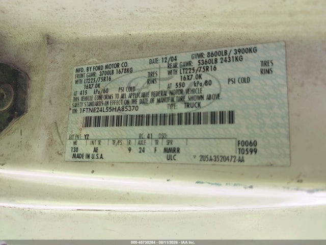 Продаж на аукціоні авто 2005 Ford E-250 Commercial/recreational, vin: 1FTNE24L55HA85370, номер лоту: 45730284