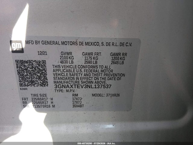 45730290 :رقم المزاد ، 3GNAXTEV3NL137537 vin ، 2022 Chevrolet Equinox Awd 2fl مزاد بيع
