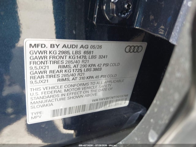45730291 :رقم المزاد ، WA1WVBF76TD015766 vin ، 2026 Audi Q7 Prestige S Line Tfsi Quattro Tiptronic/prestige Tfsi Quattro Tiptronic مزاد بيع