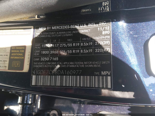45730300 :رقم المزاد ، 4JGDF7CE8DA160977 vin ، 2013 Mercedes-benz Gl 450 4matic مزاد بيع