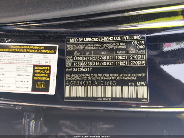 45730309 :رقم المزاد ، 4JGFB4KB3LA101683 vin ، 2020 Mercedes-benz Gle 350 4matic مزاد بيع