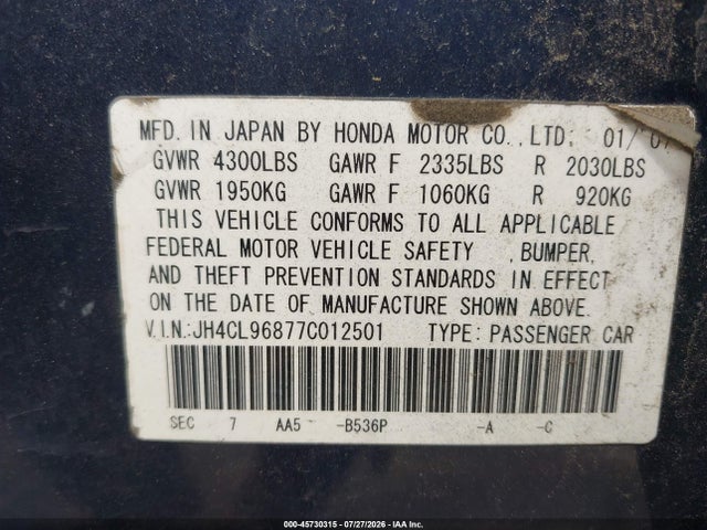 Продаж на аукціоні авто 2007 Acura Tsx, vin: JH4CL96877C012501, номер лоту: 45730315