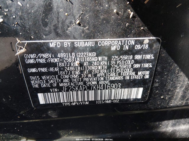 45730345 :رقم المزاد ، JF2SKAPC7KH416903 vin ، 2019 Subaru Forester Sport مزاد بيع