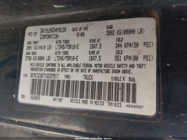 Продаж на аукціоні авто 2001 Dodge Ram 2500 St, vin: 3B7KC23671G237917, номер лоту: 45730362