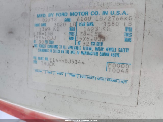 1978 Ford Van მანქანა იყიდება აუქციონზე, vin: E14HHBJ5344, აუქციონის ნომერი: 45730370