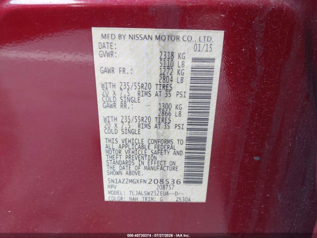Auction sale of the 2015 Nissan Murano Platinum, vin: 5N1AZ2MGXFN208536, lot number: 45730374