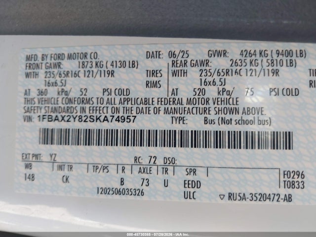 1FBAX2Y82SKA74957 Ford Transit-350 Passenger Van Xlt