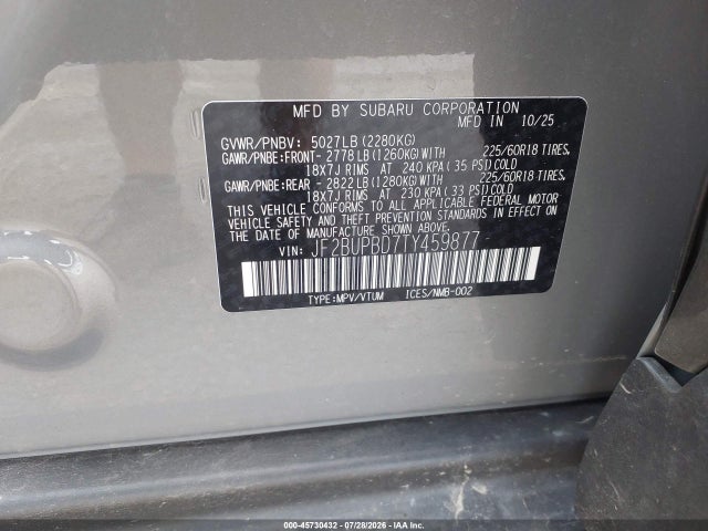 2026 Subaru Outback Premium მანქანა იყიდება აუქციონზე, vin: JF2BUPBD7TY459877, აუქციონის ნომერი: 45730432