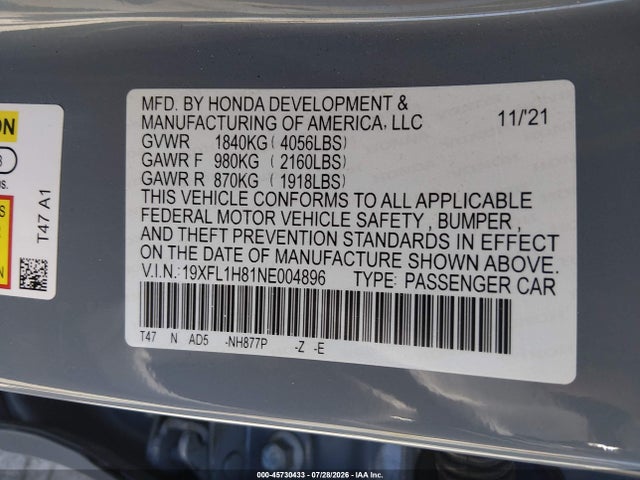 19XFL1H81NE004896 Honda Civic Sport Touring