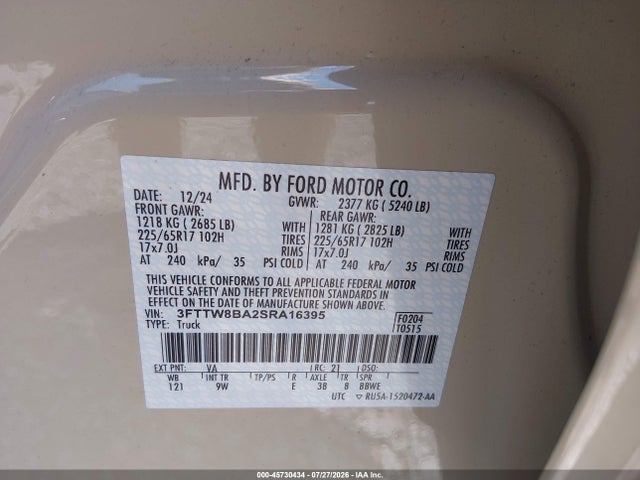 45730434 :رقم المزاد ، 3FTTW8BA2SRA16395 vin ، 2025 Ford Maverick Xl مزاد بيع