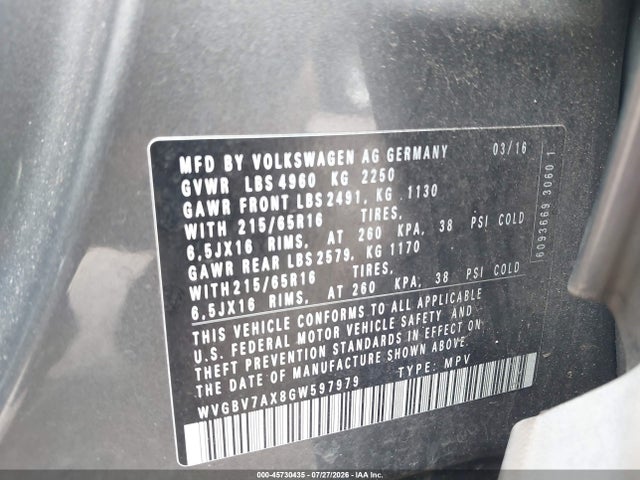 Продажа на аукционе авто 2016 Volkswagen Tiguan S, vin: WVGBV7AX8GW597979, номер лота: 45730435