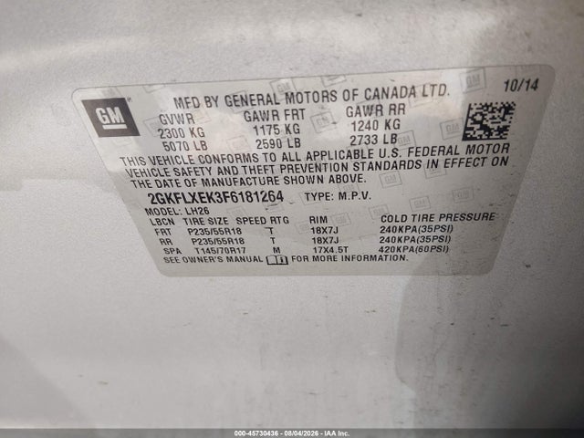 Aukcja sprzedaży 2015 Gmc Terrain Slt-1, vin: 2GKFLXEK3F6181264, numer aukcji: 45730436