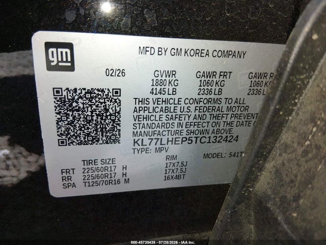 45730438 :رقم المزاد ، KL77LHEP5TC132424 vin ، 2026 Chevrolet Trax Fwd Lt مزاد بيع