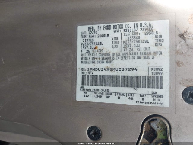45730441 :رقم المزاد ، 1FMDU34X8MUC37294 vin ، 1991 Ford Explorer مزاد بيع