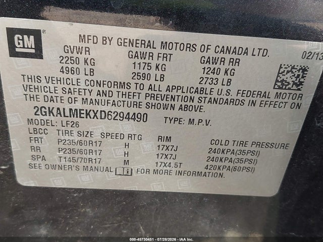Aukcja sprzedaży 2013 Gmc Terrain Sle-1, vin: 2GKALMEKXD6294490, numer aukcji: 45730451